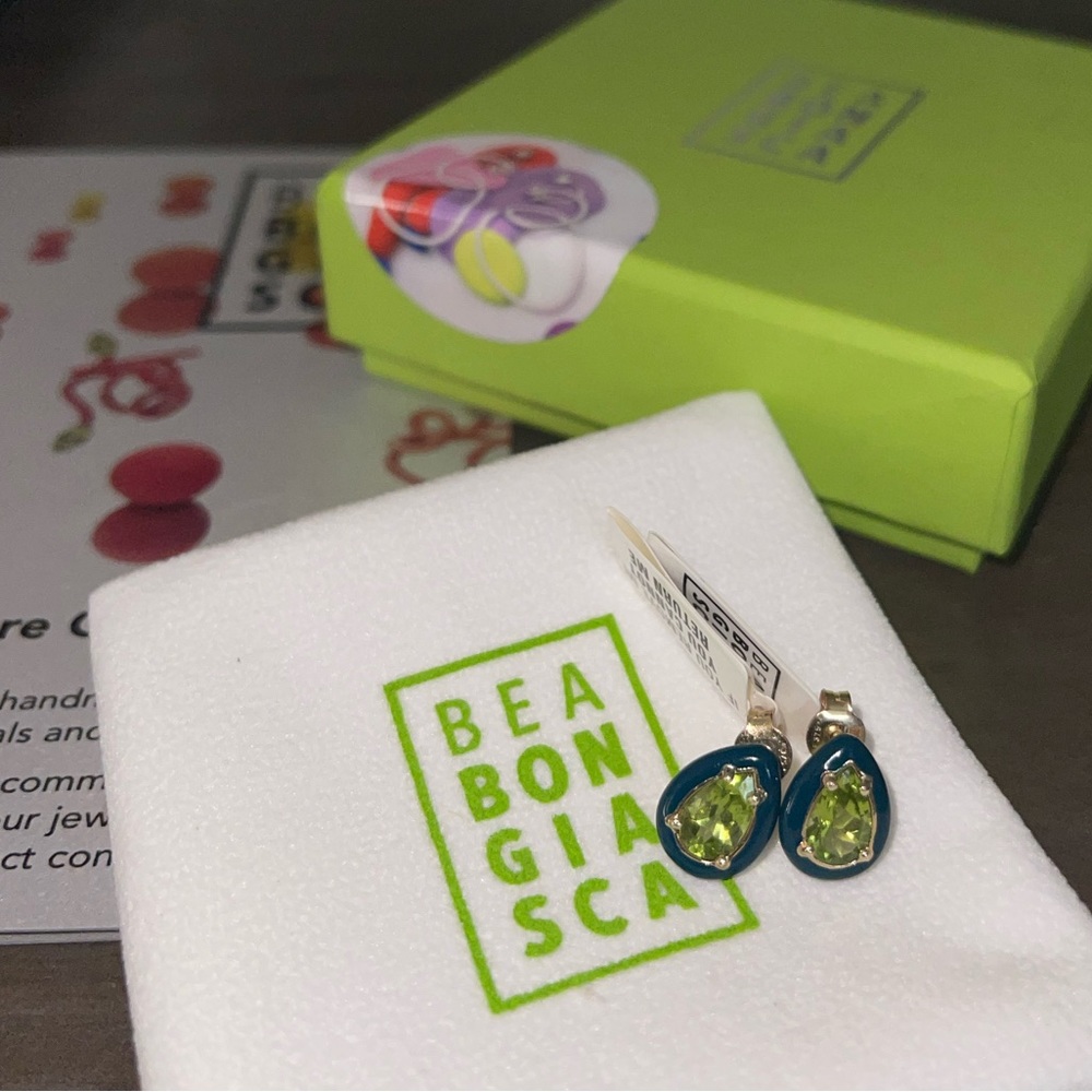 Bea Bongiasca 9k yellow gold, teal enamel and peridot gum drop earrings